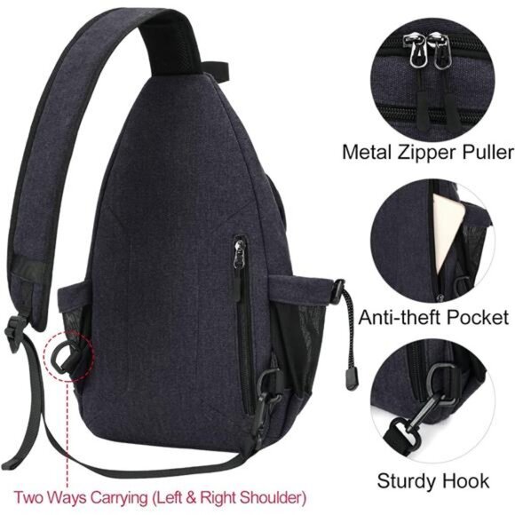 Sling Backpack,Canvas Crossbody Hiking Daypack Bag with Anti-theft Pocket - Picture 5 of 7